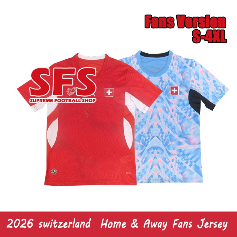 SFS คุณภาพสูง 2026 สวิตเซอร์แลนด์เสื้อฟุตบอลฟุตบอล Home Away ทีมชาติ JERSEY ผู้ชายเสื้อกีฬา S-4XL