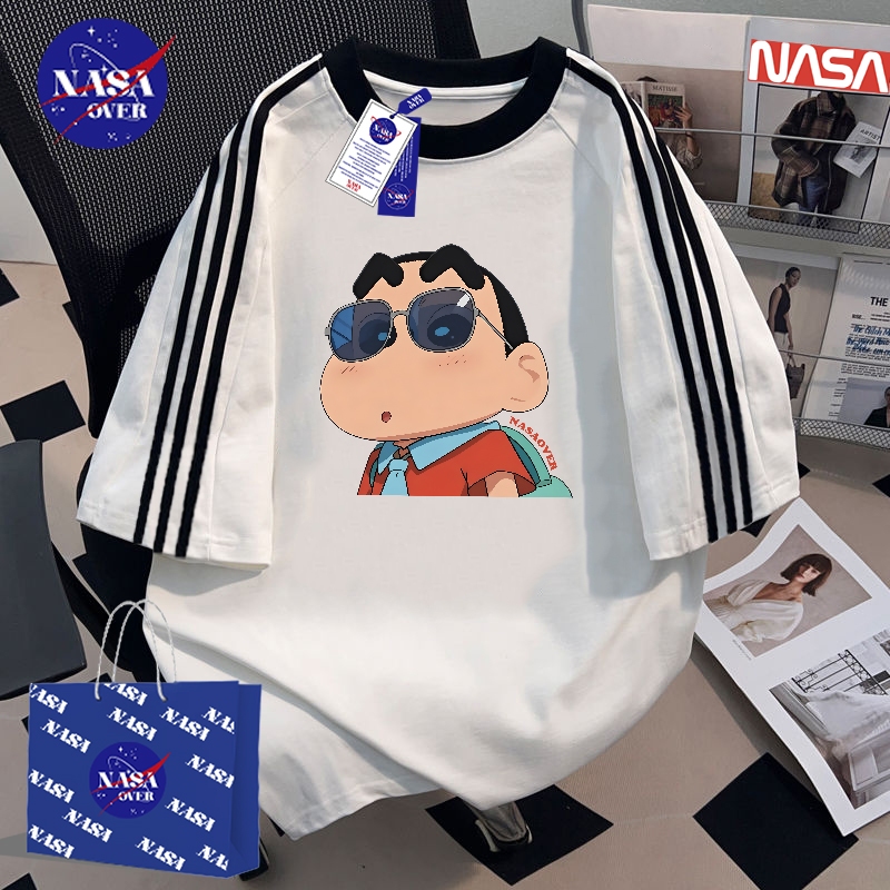 【พร้อมส่ง】🔥NASA ผ้าฝ้ายแท้100% ยูนิเซ็กส์ ฤดูร้อน หลวม สามแถบ แขนสั้น บุคลิก  กา