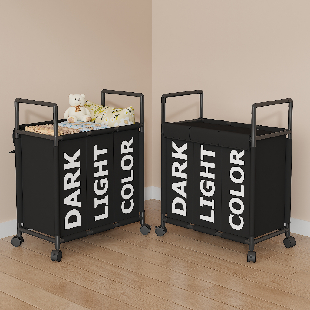 เสื้อผ้าสกปรกกันน้ํา 3-ตาราง ตะกร้าซักผ้าคัดแยก ตะกร้าซักผ้ามีล้อ ตะกร้าพับได้กันน้ํา ตะกร้าซักผ้า เสื้อผ้า