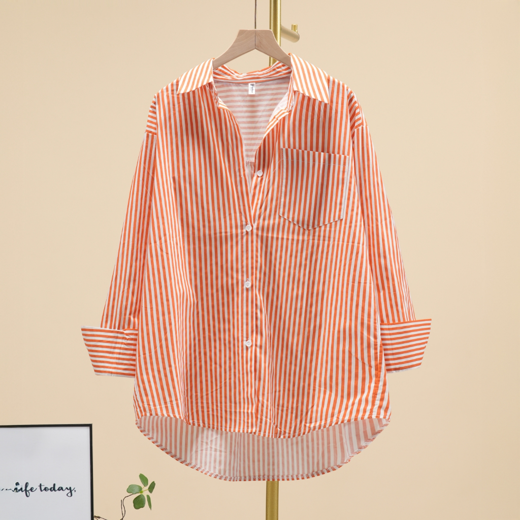 เสื้อเชิ้ตลายทางผ้าฝ้ายแท้คุณภาพสูงเวอร์ชั่นเกาหลีเสื้อเชิ้ตแขนยาวนุ่มหลวม