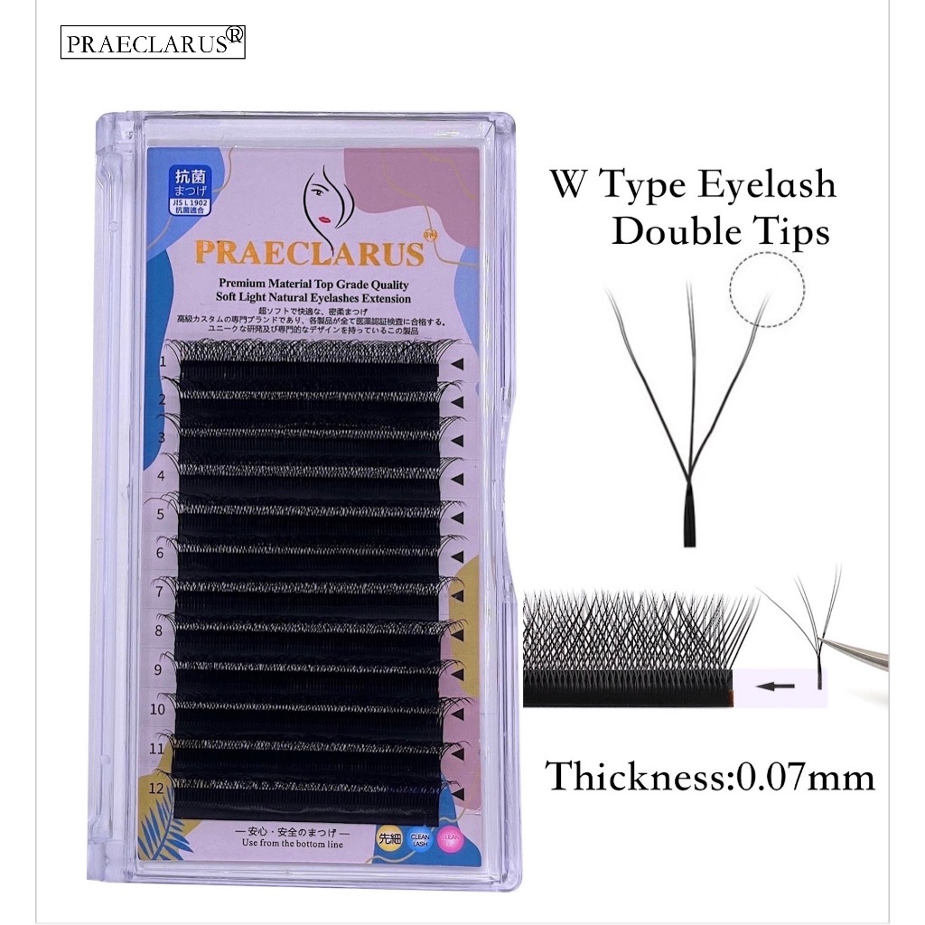 Paeclarus W ประเภทขนตาขยายความหนา0.07 มม.วัสดุพรีเมี่ยมทอมือธรรมชาติ Soft Mink 3D เคล็ดลับคู่ W-shaped Lashes Extension