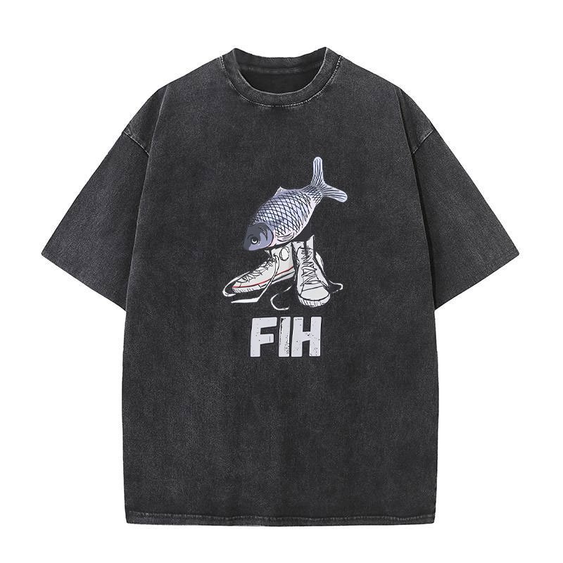 เสื้อยืดแขนสั้น Fih Meme แบบ High Street แนวโน้มแฟชั่นสำหรับผู้ชายและผู้หญิง ทำจากผ้าฝ้ายคุณภาพสูง