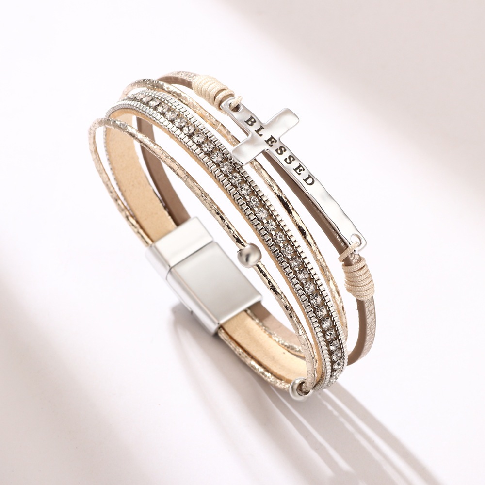 Boho Chic Cross Bracelet with Sparkling Crystals & Magnetic Clasp