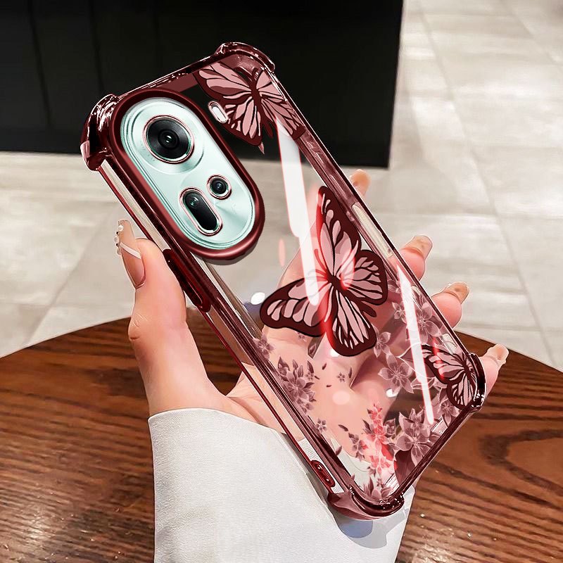 VRQR สําหรับ Oppo Reno11 5G Reno 10 Pro 5G Reno10 5G หมึกล้างดอกไม้ผีเสื้อโปร่งใสกันกระแทกโทรศัพท์ป้องกันกรณี