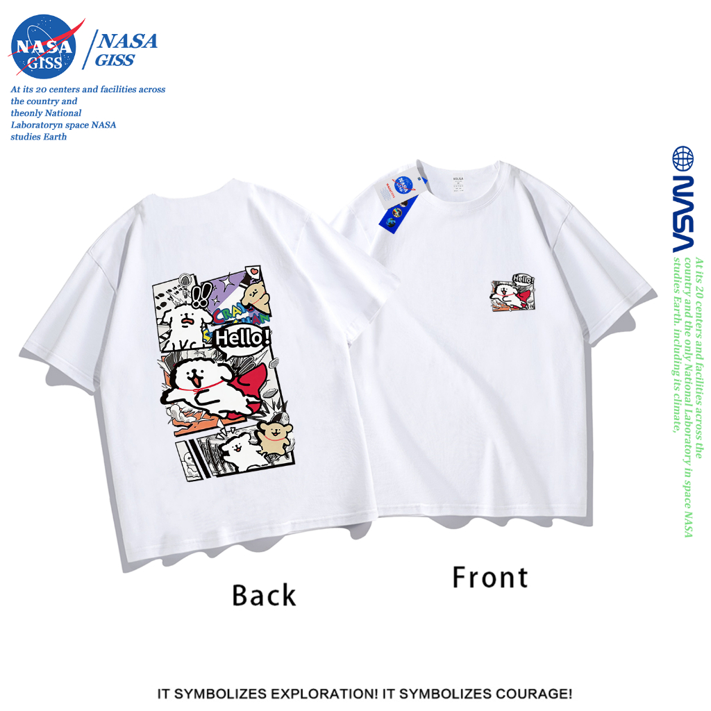 NASA เสื้อยืดชายหญิงแขนสั้น สตรีทฮิปฮอป summer Line Dog พิมพ์ลาย คอตตอน คอกลม หลวมและระบายอากาศ