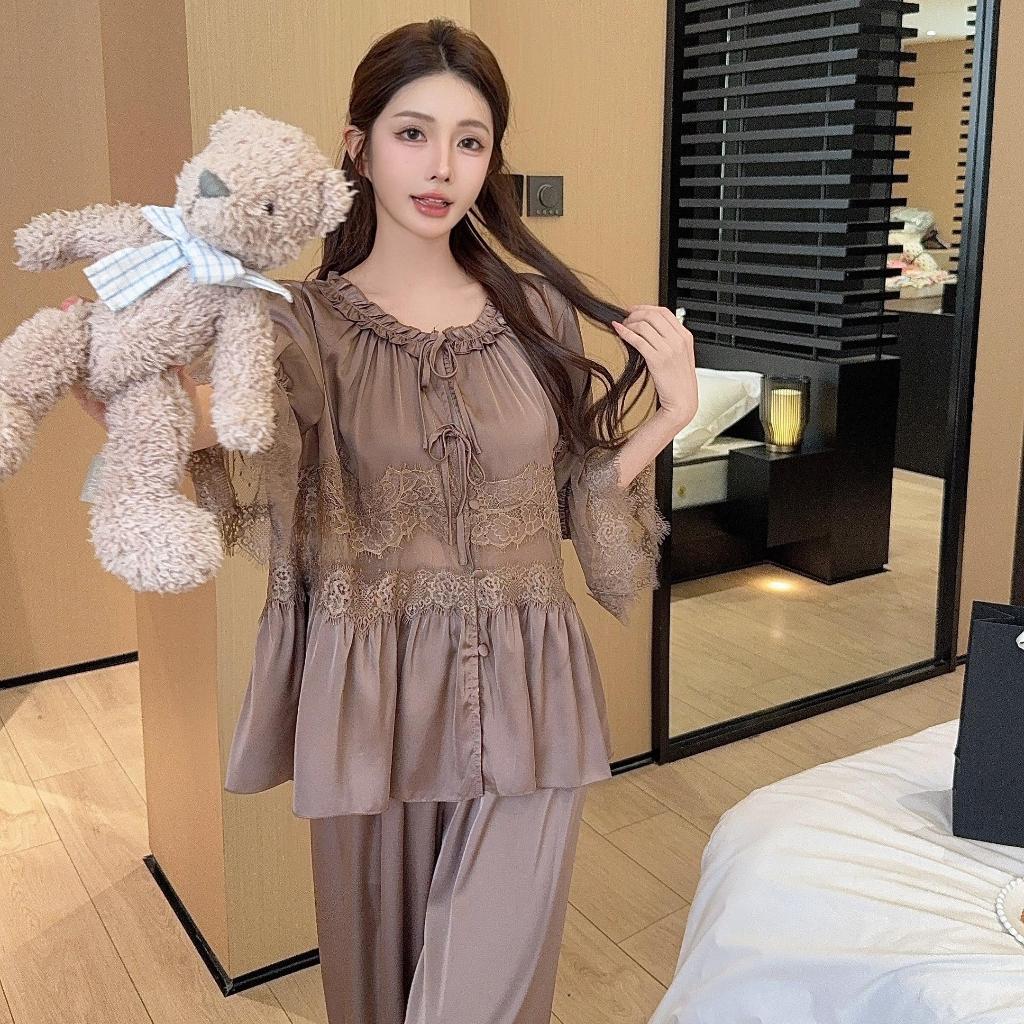 ชุดนอนสุภาพสตรี แขนสั้น จากผ้าไหมลูกไม้ สำหรับLoungewearหรูหรา