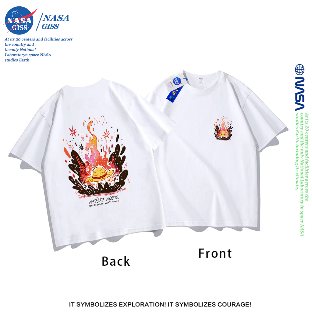 NASA เสื้อยืดชายหญิงแขนสั้น สตรีทฮิปฮอป summer ระเบิดหมวกฟาง พิมพ์ลาย คอตตอน คอกลม หลวมและระบายอากาศ