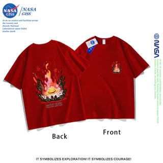 NASA เสื้อยืดชายหญิงแขนสั้น สตรีทฮิปฮอป summer ระเบิดหมวกฟาง พิมพ์ลาย คอตตอน คอกลม หลวมและระบายอากาศ