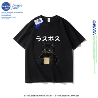 NASA เสื้อยืดชายหญิงแขนสั้น สตรีทฮิปฮอป summer แมวกำลังดื่มชา พิมพ์ลาย คอตตอน คอกลม หลวมและระบายอากาศ
