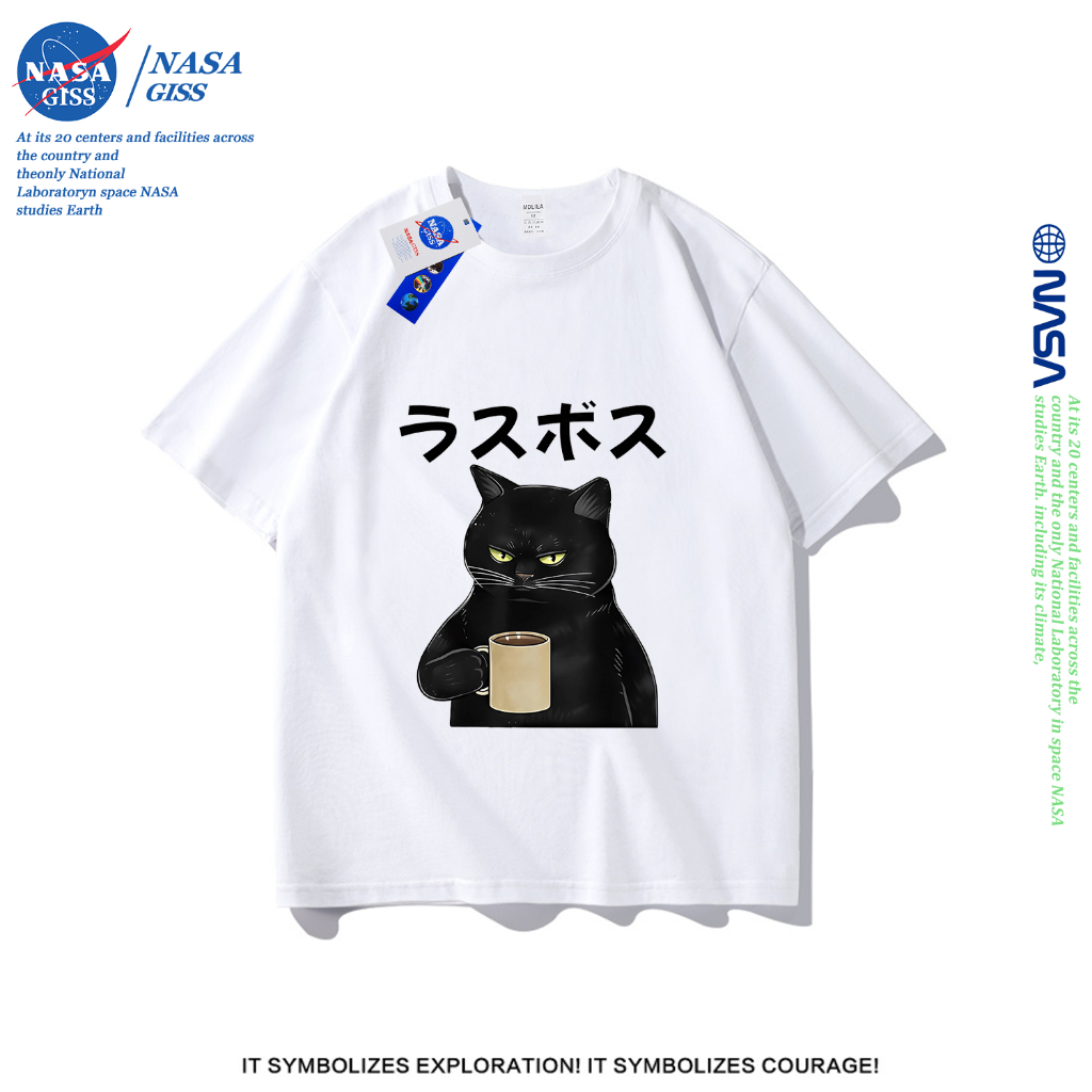 NASA เสื้อยืดชายหญิงแขนสั้น สตรีทฮิปฮอป summer แมวกำลังดื่มชา พิมพ์ลาย คอตตอน คอกลม หลวมและระบายอากาศ