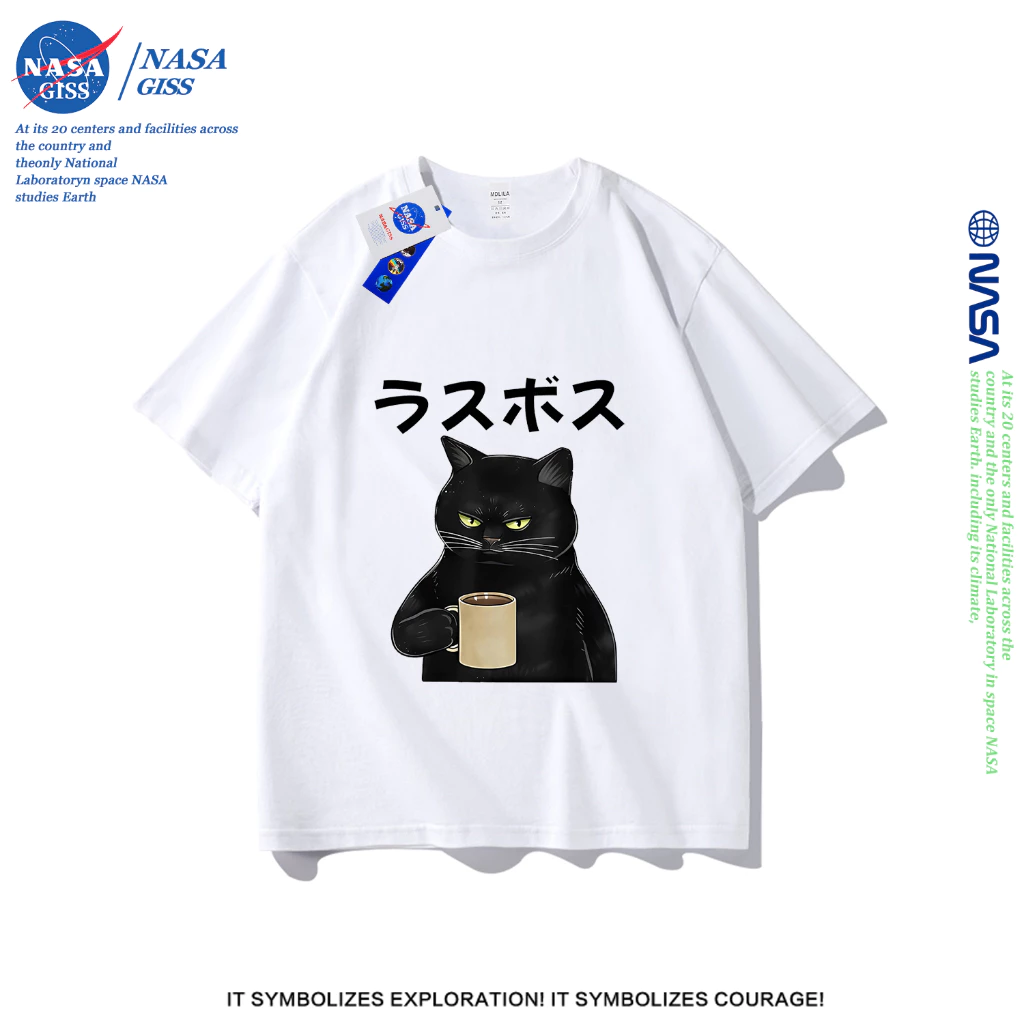 NASA เสื้อยืดชายหญิงแขนสั้น สตรีทฮิปฮอป summer แมวกำลังดื่มชา พิมพ์ลาย คอตตอน คอกลม หลวมและระบายอากาศ