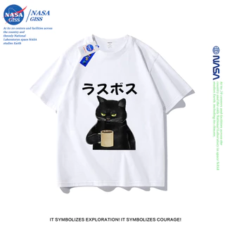 NASA เสื้อยืดชายหญิงแขนสั้น สตรีทฮิปฮอป summer แมวกำลังดื่มชา พิมพ์ลาย คอตตอน คอกลม หลวมและระบายอากาศ