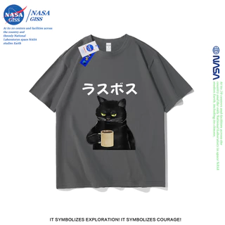 NASA เสื้อยืดชายหญิงแขนสั้น สตรีทฮิปฮอป summer แมวกำลังดื่มชา พิมพ์ลาย คอตตอน คอกลม หลวมและระบายอากาศ