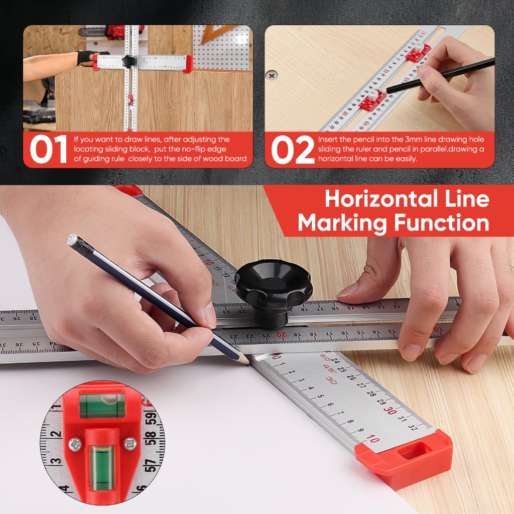 ไม้บรรทัดตําแหน่งการเจาะ 4-ใน-1,ไม้บรรทัดงานไม้สี่เหลี่ยมที,เครื่องมือวัดเครื่องหมายสําหรับงานไม้วาด,เครื่องมือเจาะที่แม่นยําสําหรับเจาะรูตู้,ฮาร์ดแวร์ตู้จิ๊ก - รูปที่ 4