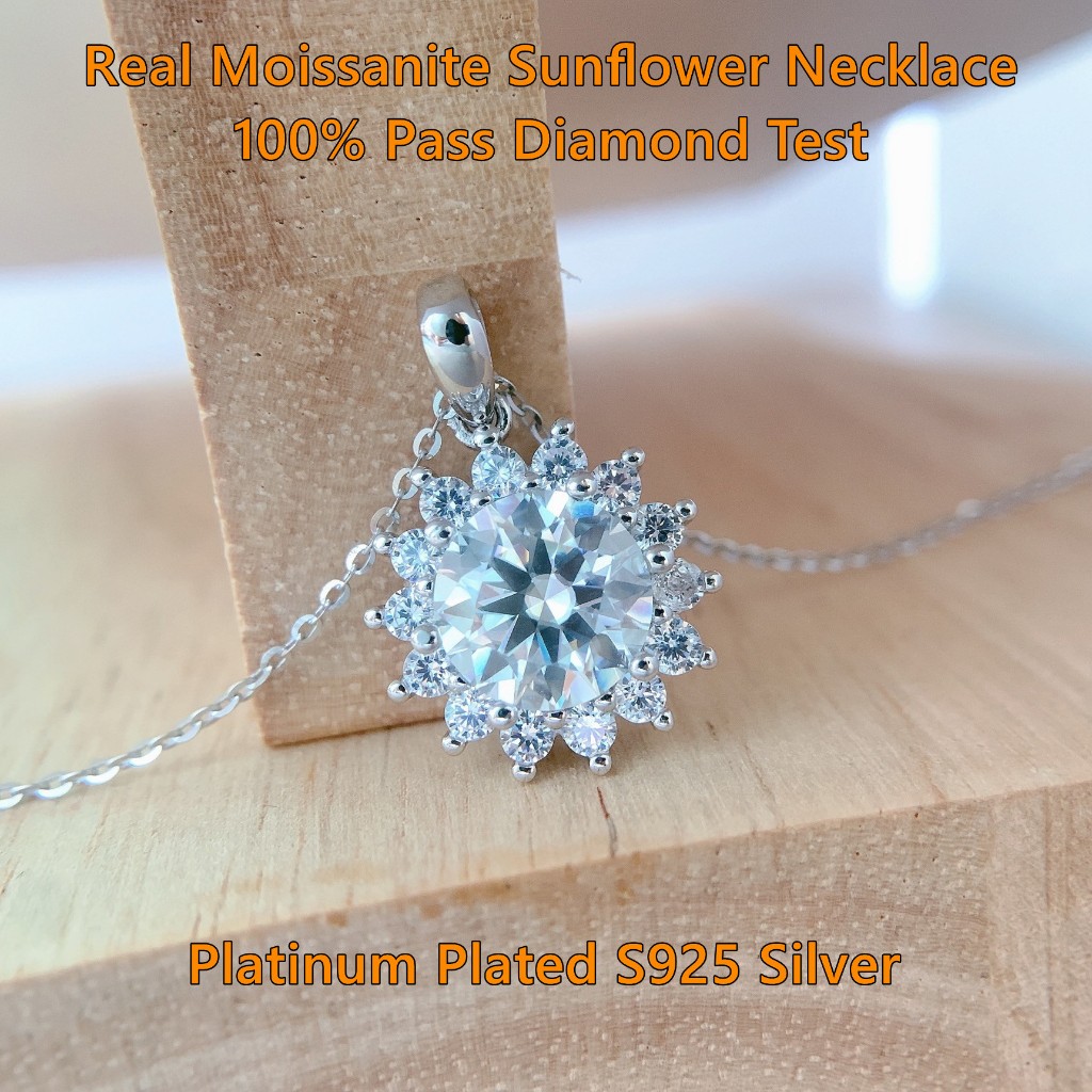 5 กะรัตจริง Moissanite D สีสร้อยคอจี้ดอกทานตะวันพร้อมใบรับรอง GRA Platinum plated S925 สร้อยคอเงินสํ