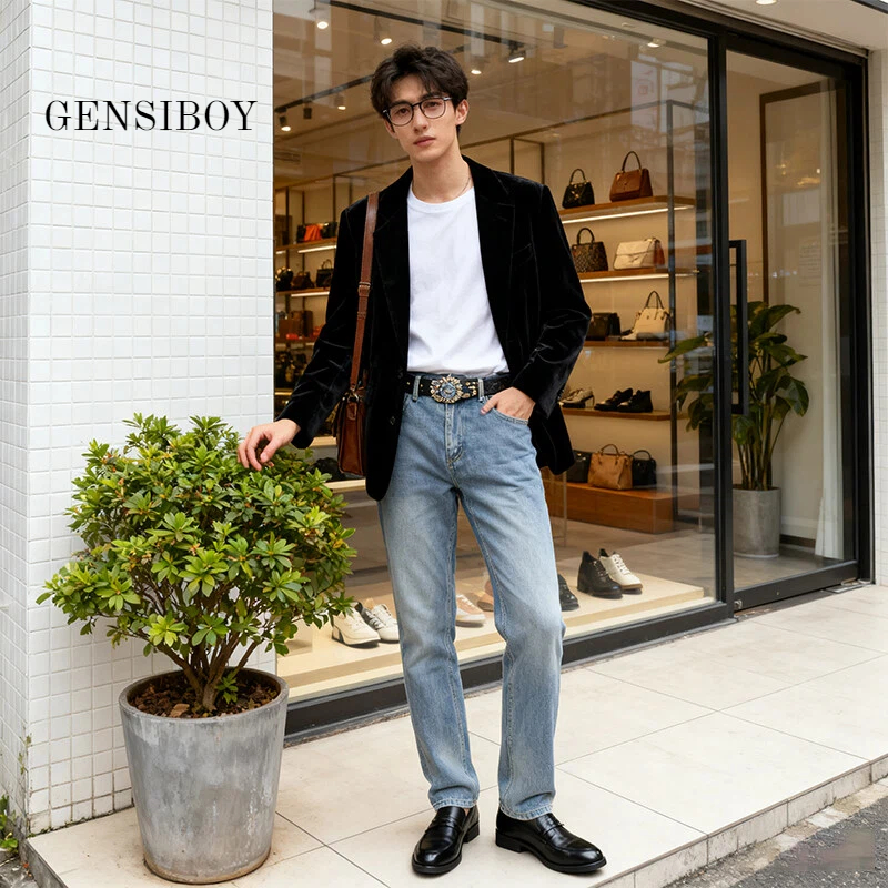 Gensiboy-กางเกงยีนส์ผู้ชาย ขาตรง ขายาว ขากระบอกเล็ก  ผ้าไม่ยืดเอวสูง เท่ๆสไตล์เกาหลี สีฟ้าอ่อน