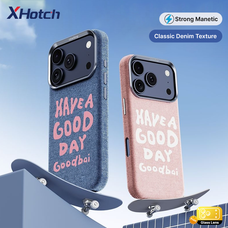 XHotch Denim Textureเคสโทรศัพท์แม่เหล็กสําหรับiPhone 17 16 15 14 Pro Maxคุณสมบัติปุ่มโลหะสําหรับการป้องกันFlockingภายในสําหรับการป้องกันDrop-Slip DesignบนCasinด้านนอก