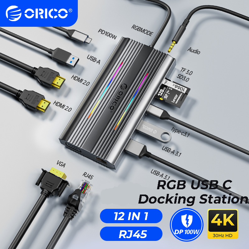 Orico USB C Hub Type C ถึง Dual HDMI อะแดปเตอร์ 12 ใน 1 RGB USB C Hub Docking Station พร้อม Dual HDMI VGA 100W PD Ethernet 4 พอร์ต USB SD/TF Audio สําหรับ Windows Mac OS (XDR)