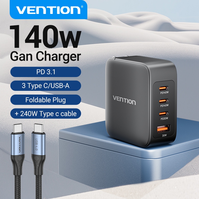 Vention ที่ชาร์จเร็ว GaN 140W 4 พอร์ตชาร์จพร้อมกัน PD3.1 3×USB-C+USB-A เข้ากับ MacBook Pro/โทรศัพท์/