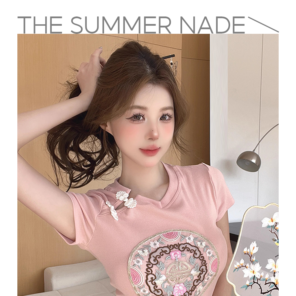เสื้อยืดแขนสั้นผู้หญิง Thesummernade สไตล์จีน ลายมงคล ตกแต่งไหล่พร้อมปุ่ม เสื้อยืด BB013