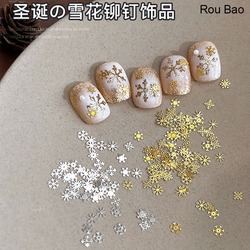 Rou Bao 100 ชิ้นเล็บเกล็ดหิมะ Rivets ทองเงินเล็บคริสต์มาส Art DIY Charms ตกแต่ง