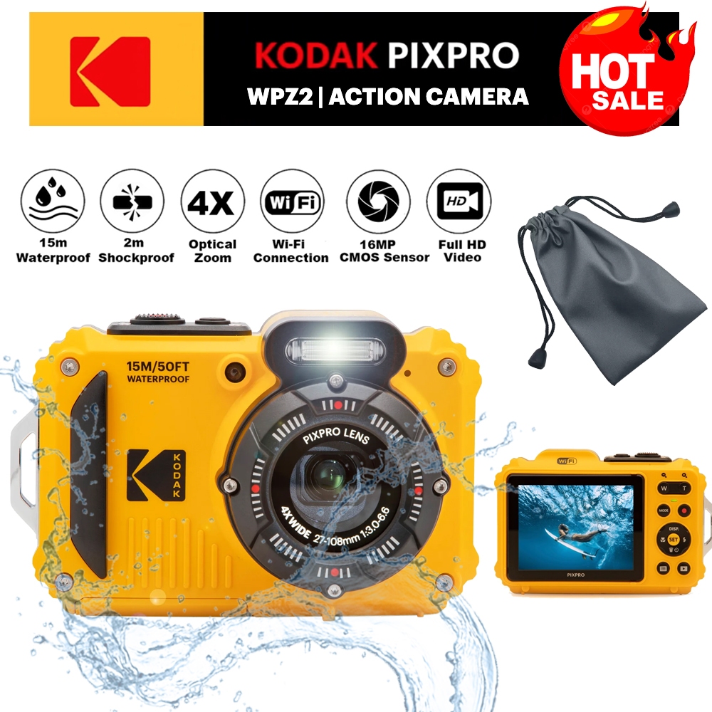 Kodak PIXPRO WPZ2 กล้องดิจิตอลขนาดกะทัดรัดกันน้ํากันกระแทกกันฝุ่น Wifi Action Camera สีเหลือง