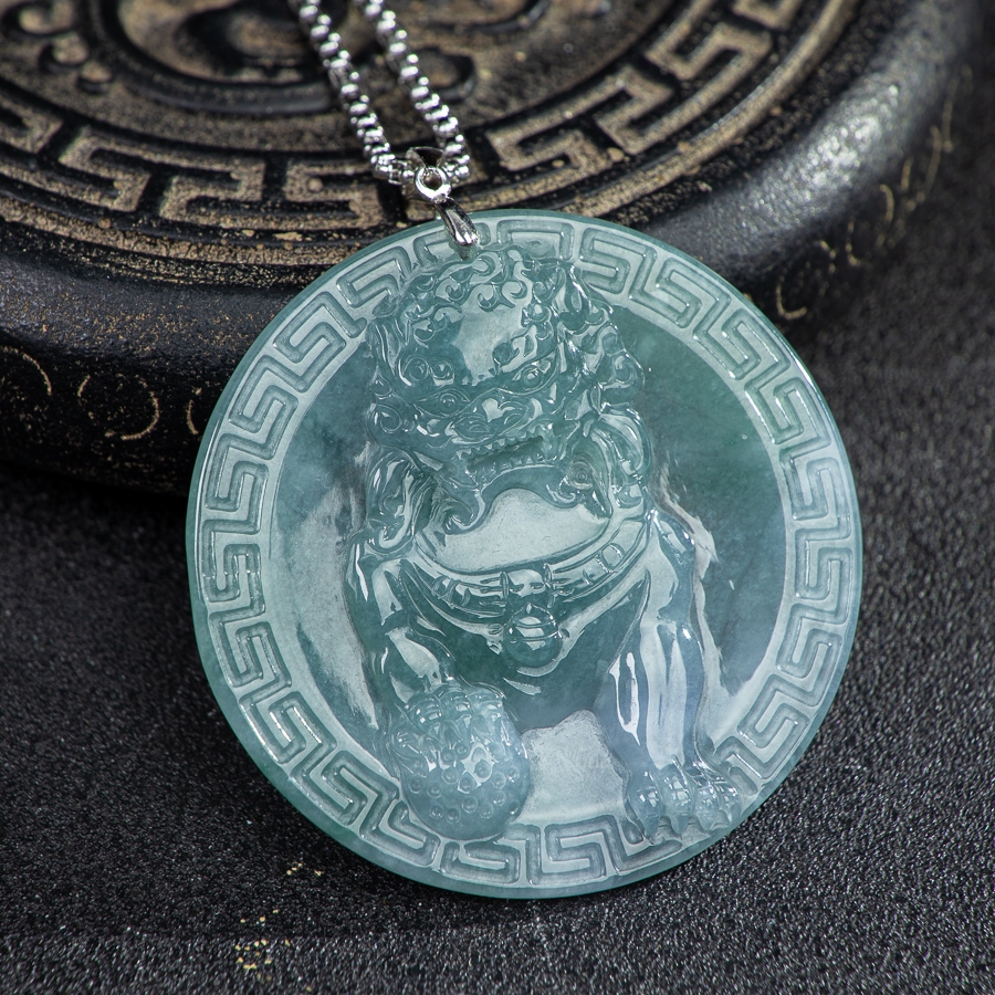 TIMESWIND หยกแท้สีฟ้า Qilin จี้วงกลมผู้ชายสร้อยคอเหล็กไทเทเนียมเครื่องประดับแฟชั่นพร้อมใบรับรอง