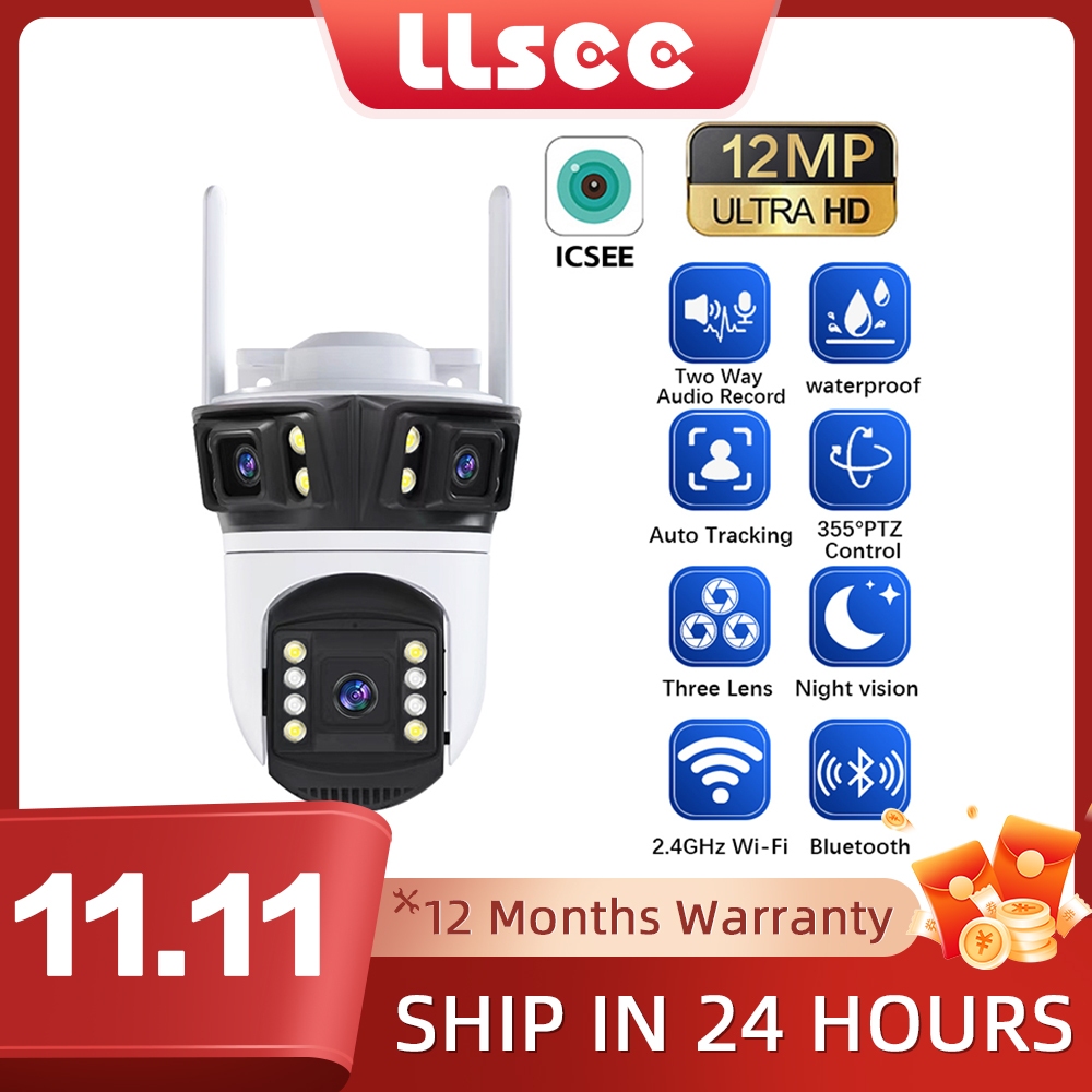LLSEE ICSEE 12MP 6K 3 เลนส์กล้องวงจรปิดไร้สาย WIFI PTZ กันน้ำ 360 กล้อง IP กลางแจ้งการติดตามการเคลื่อนไหวที่มีสีสันคืนวิสัยทัศน์