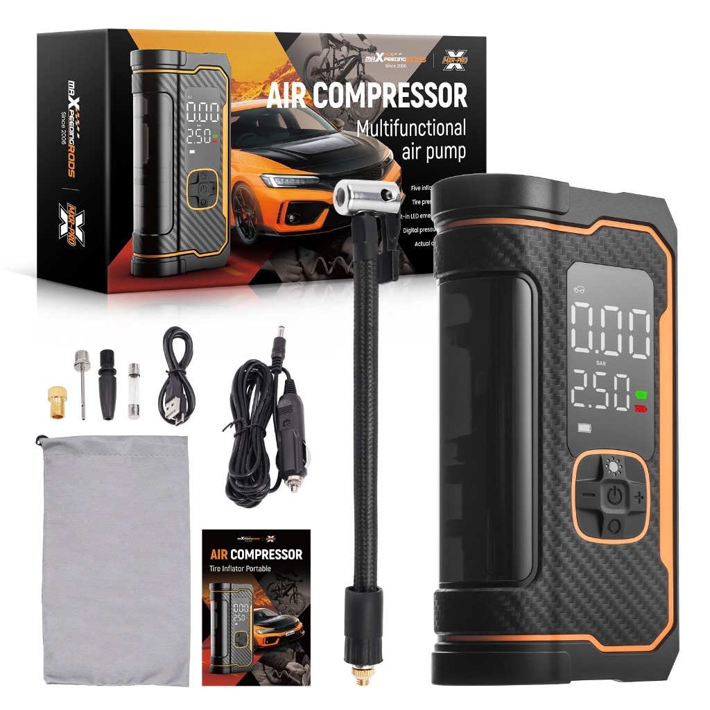 เครื่องสูบลมแบบพกพา Maxpeedingrods 160PSI หน้าจอดิจิตอล สำหรับรถยนต์ จักรยาน มอเตอร์ไซค์ และลูกบอล