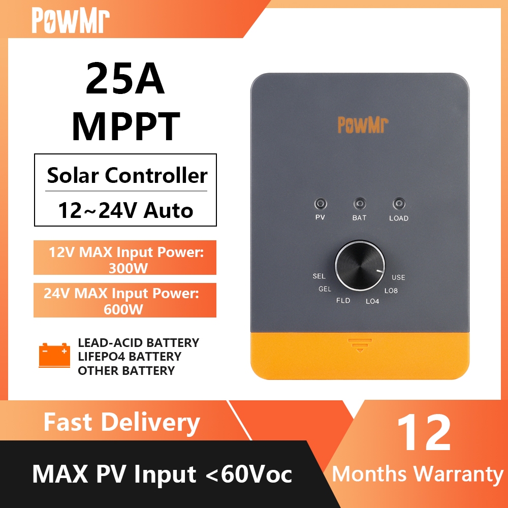 PowMr 25A MPPT ตัวควบคุมพลังงานแสงอาทิตย์ 12V/24V Knob-Type แบตเตอรี่สวิตช์ออกแบบอินพุตสูงสุด PV 100VDC รองรับการชาร์จที่มีประสิทธิภาพสําหรับ LiFePO4 แบตเตอรี่ใช้งานง่าย