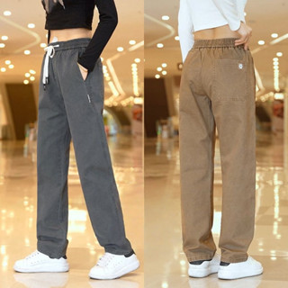 กางเกงขายาวทรงตรงสำหรับผู้หญิงยอดนิยมพร้อมเอวยางยืดและเชือกผ…