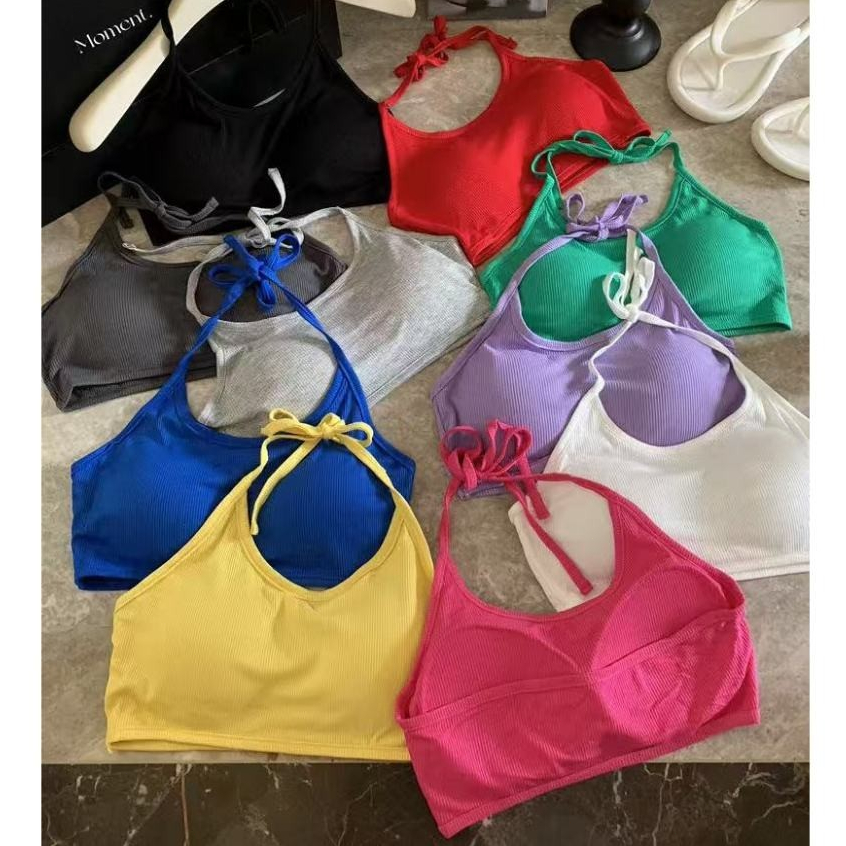 ✨Bra wawa✨สปอร์ตบรา เสื้อเอวลอย มีฟองน้ำ ผ้านิ่ม ใส่สบาย 10สี Bra มินิครอปสายคล้องเป็นแบบผูก
