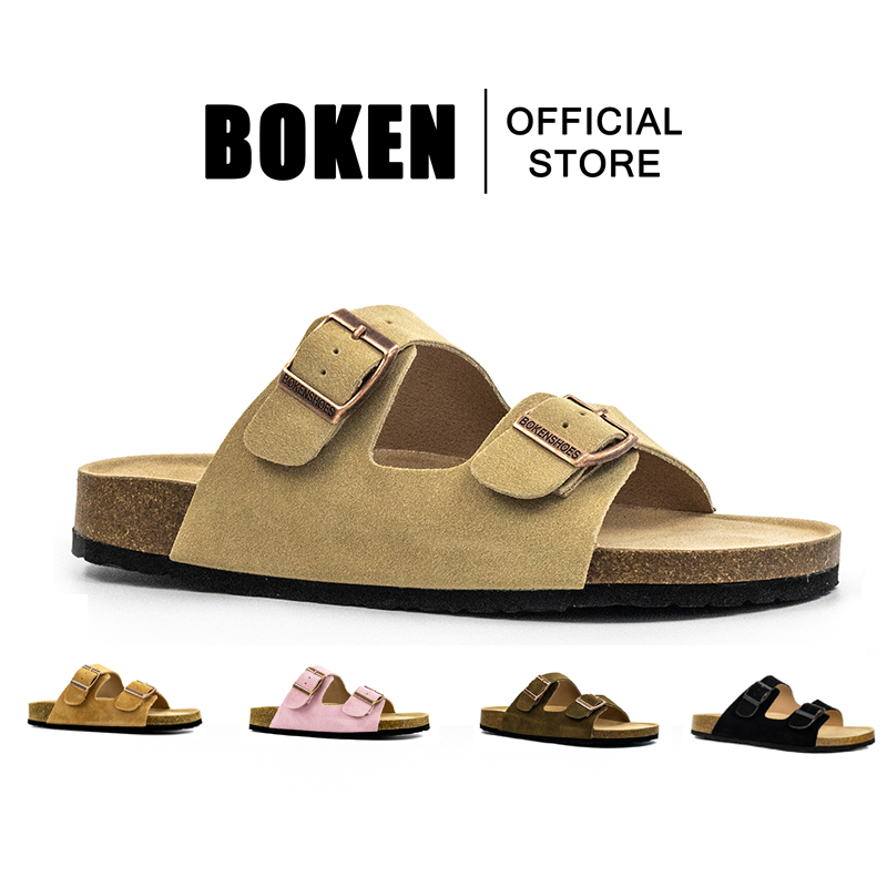BOKEN Flats รองเท้าแตะหนังนิ่มสำหรับชายหาด มีการปรับสายสองข้าง และพื้นมุกคัปเคอร์