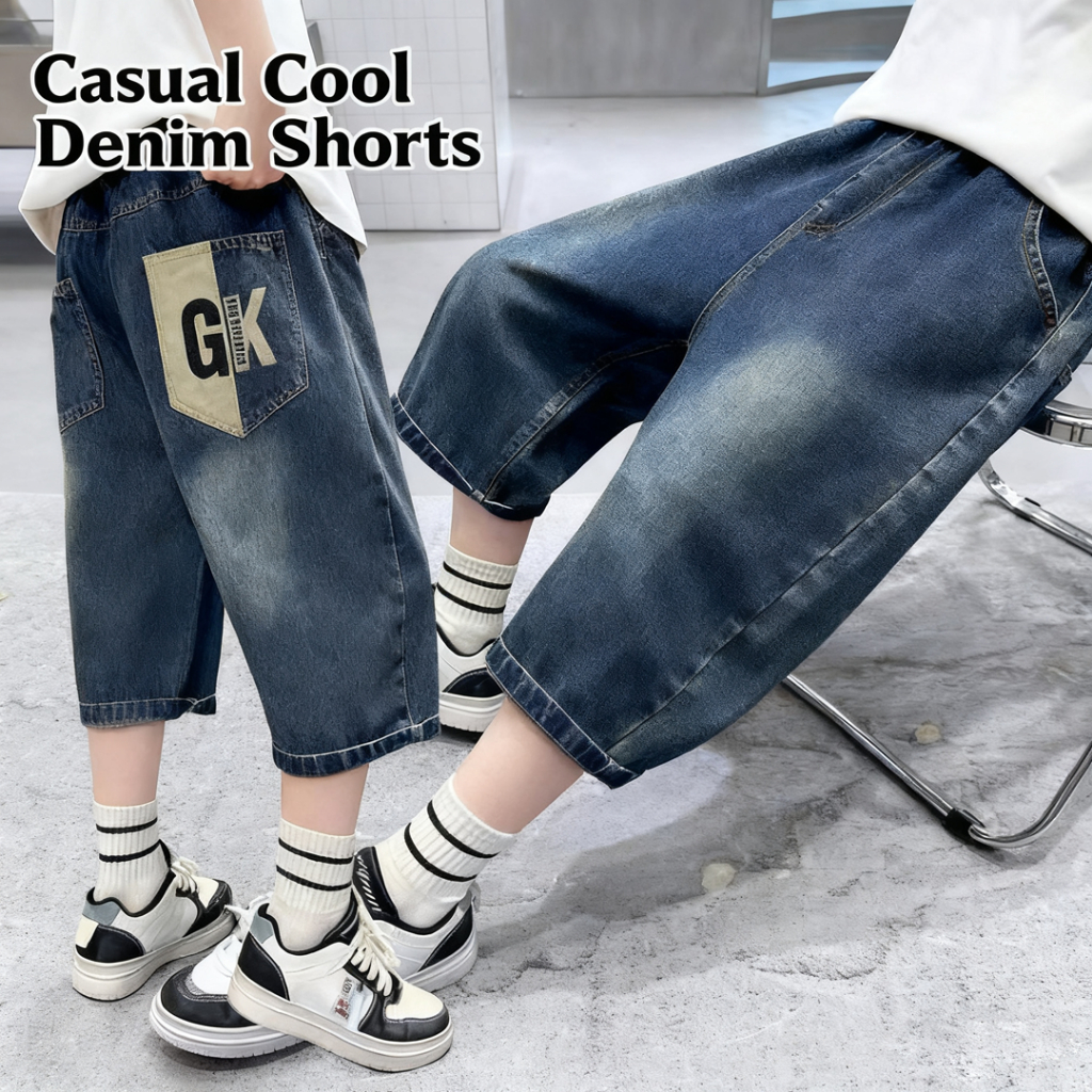 กางเกงยีนส์ขาสั้นสำหรับเด็กผู้ชาย ออกแบบลายพิมพ์และกระเป๋าหลายช่อง ผลิตจากผ้ายีนส์คุณภาพสูง สวมใส่สบาย เหมาะสำหรับการสวมใส่ในทุกโอกาส