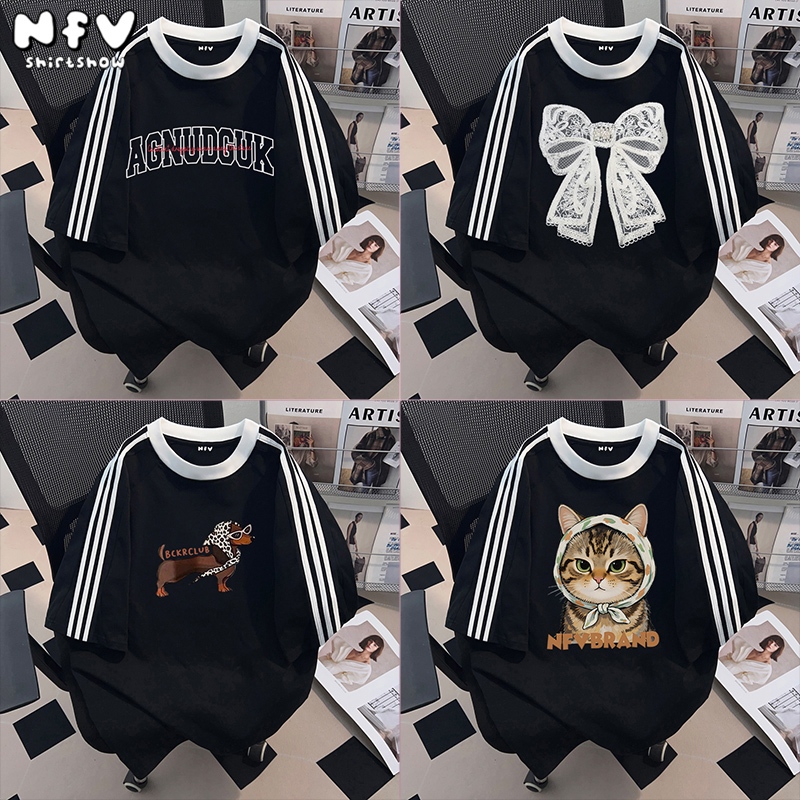 [จัดส่งจากกรุงเทพฯ] NFV เสื้อยืดคอกลมแขนสั้น💕ลายข้าง 3ขีด สไตล์เกาหลี ผ้าฝ้าย ใส่สบาย ระบายอากาศ YG0
