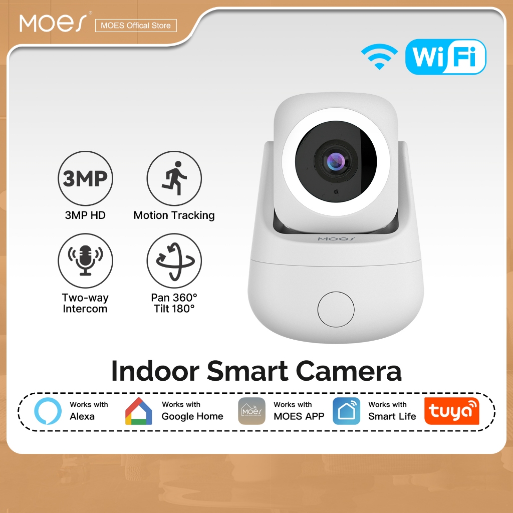 MOES 3MP WiFi Smart Cam, 360° กระทะ180° เอียง,การติดตามการเคลื่อนไหว อินเตอร์คอมสองทาง อเล็กซาน & Google บ้าน การเฝ้าระวังความปลอดภัยที่บ้าน