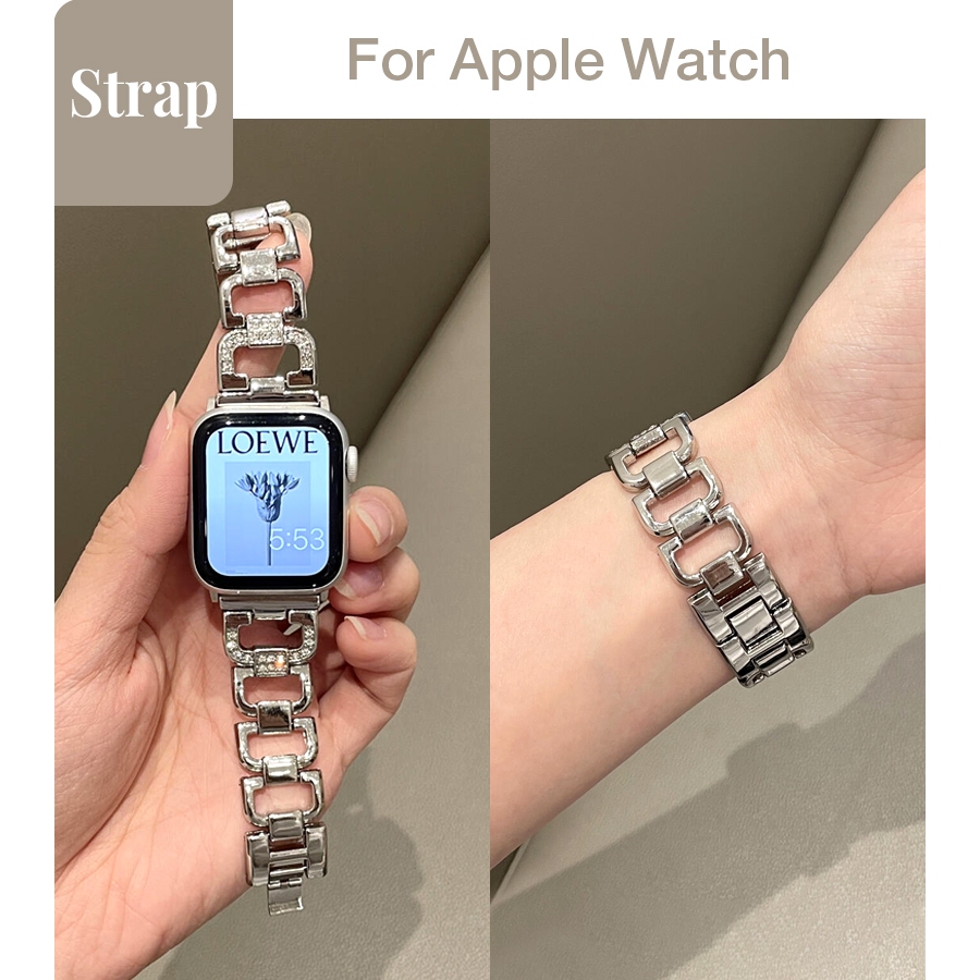 สุภาพสตรีแฟชั่น D-Shaped เพชรสร้อยข้อมือโลหะ เหมาะสําหรับ Apple Watch SE3/SE/S9/S8/S7/S6/S5/S4/S3 ขนาด 38/40/41/44/45 มม.