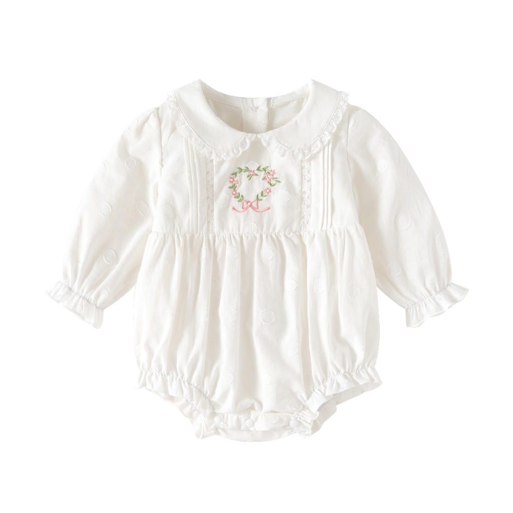 Ruffles Peter pan collar เด็กทารกชุดบอดี้สูทปักดอกไม้เจ้าหญิงเสื้อผ้าเด็กผู้หญิงสําหรับฤดูใบไม้ร่วง - รูปที่ 5