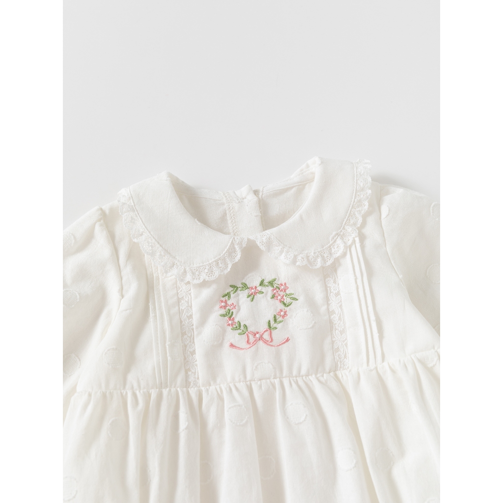 Ruffles Peter pan collar เด็กทารกชุดบอดี้สูทปักดอกไม้เจ้าหญิงเสื้อผ้าเด็กผู้หญิงสําหรับฤดูใบไม้ร่วง - รูปที่ 6