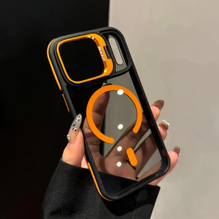 【Non-slip frame+Translucent black back panel/Acrylic hard case/Acrylic hard case/Orange】เคส compatible for iPhone 11 12 13 14 15 16 17 pro max case