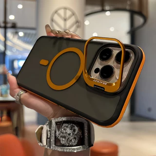 【Non-slip frame+Translucent black back panel/Acrylic hard case/Acrylic hard case/Orange】เคส compatible for iPhone 11 12 13 14 15 16 17 pro max case