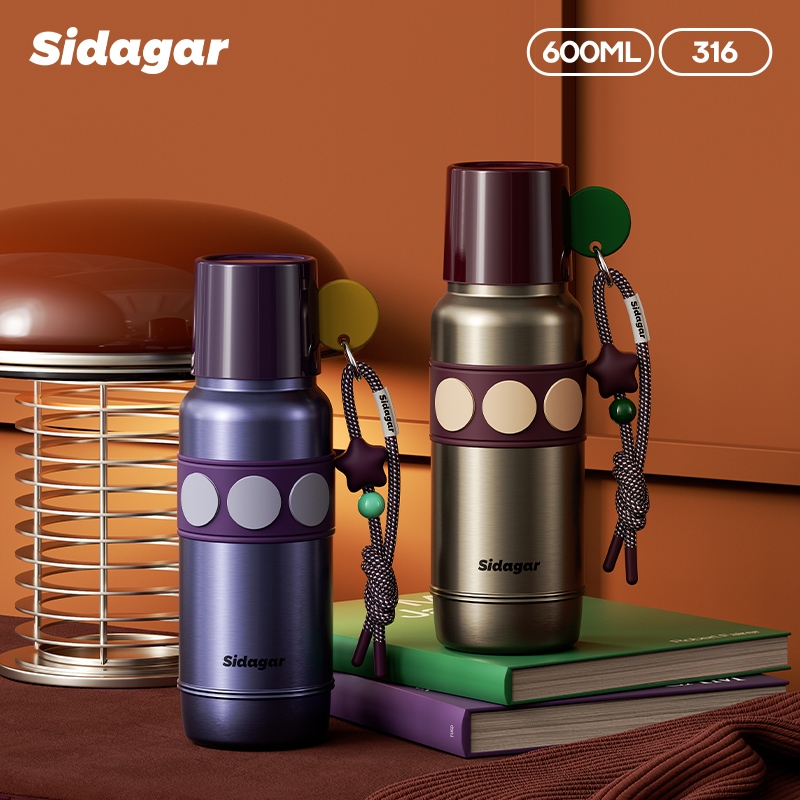 Sidagar ขวดน้ำเก็บความเย็นสไตล์ย้อนยุคพร้อมหลอดดูด สเตนเลส เหมาะสำหรับไปทำงานและเดินทาง