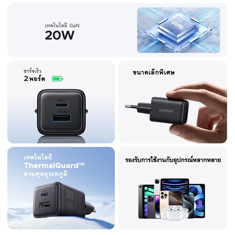 UGREEN Nexode GaN Charger 20W/30W USB-C/USB-A สำหรับ iPhone 17/16/15/14/13 thumbnail 3