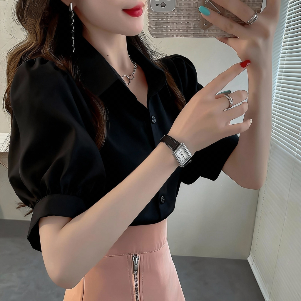 เสื้อชีฟองแขนสั้นสีดำ สไตล์ย้อนยุค ใส่สบายในฤดูร้อน