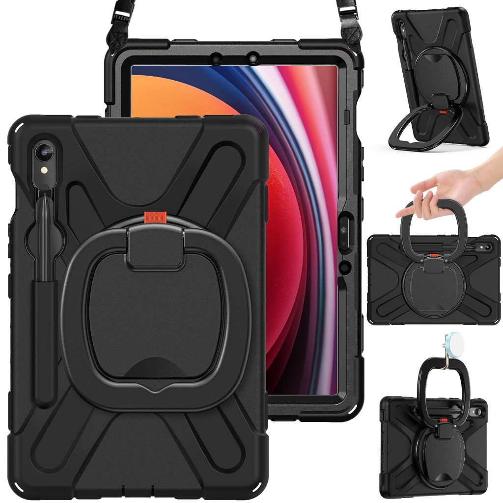 NEOMIXX Android เคสแท็บเล็ตสําหรับ Samsung Galaxy Tab A11+/A9+ Plus 11, A8, A7, Tab S10 FE+, S9 FE+ Plus,S8 Ultra, S7, S6 Lite, พร้อมสายสะพาย, 360° ขาตั้งและขาตั้งแบบหมุนได้