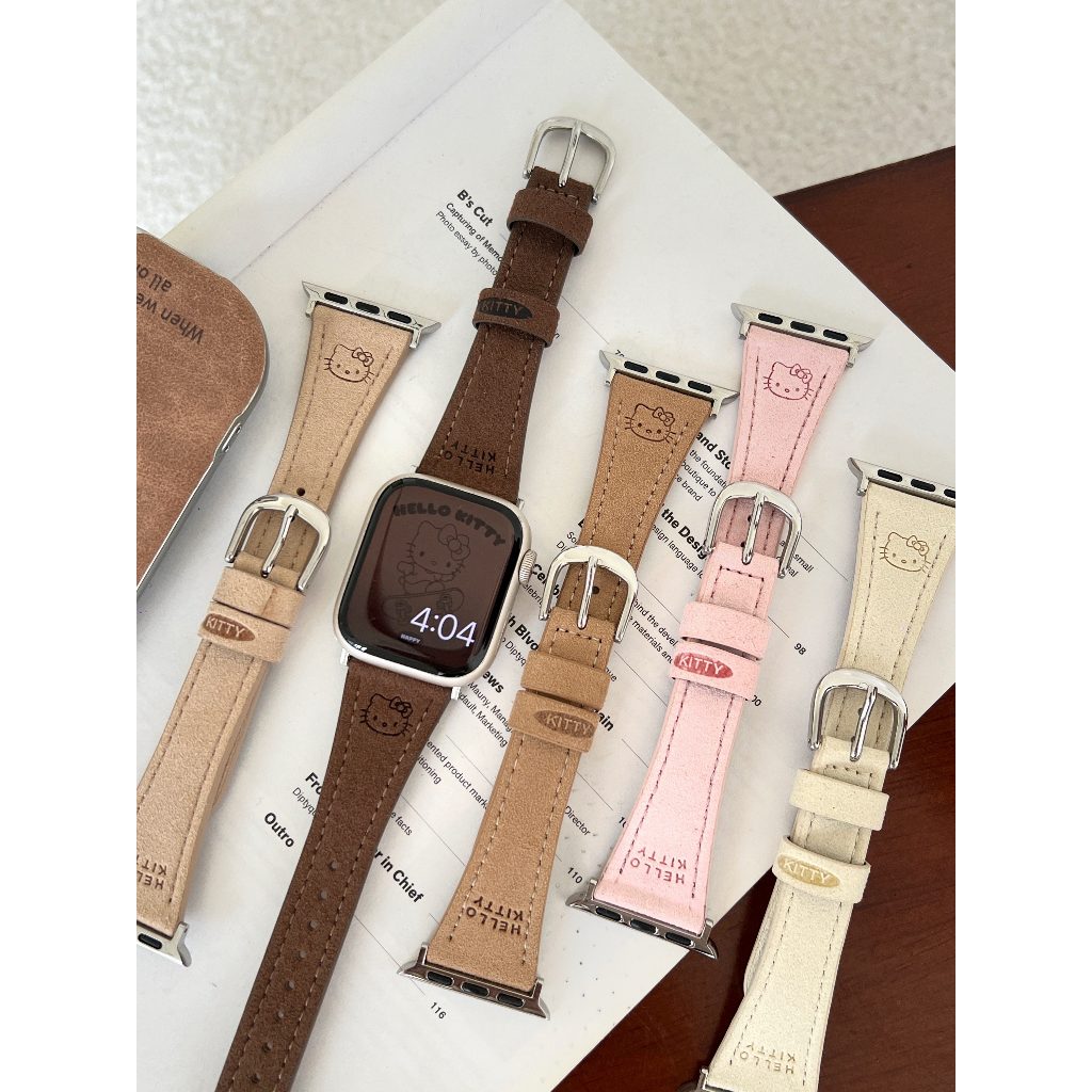 Imprinted KT cat slim fit สายหนังกลับสําหรับ iwatch Series Ultra/11/10/9, 22 มม.สายนาฬิกาสากล, เหมาะสําหรับ xiaomi band 8/9Pro
