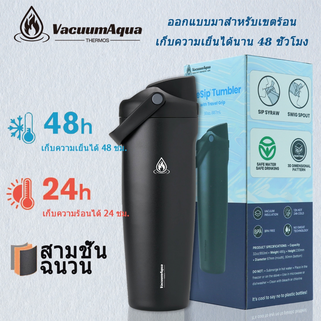 Vacuum Aqua（24oz）กระติกน้ำเก็บความเย็นสแตนเลสความจุสูง พร้อมหลอดพับได้ ระบบไอซ์ล็อค