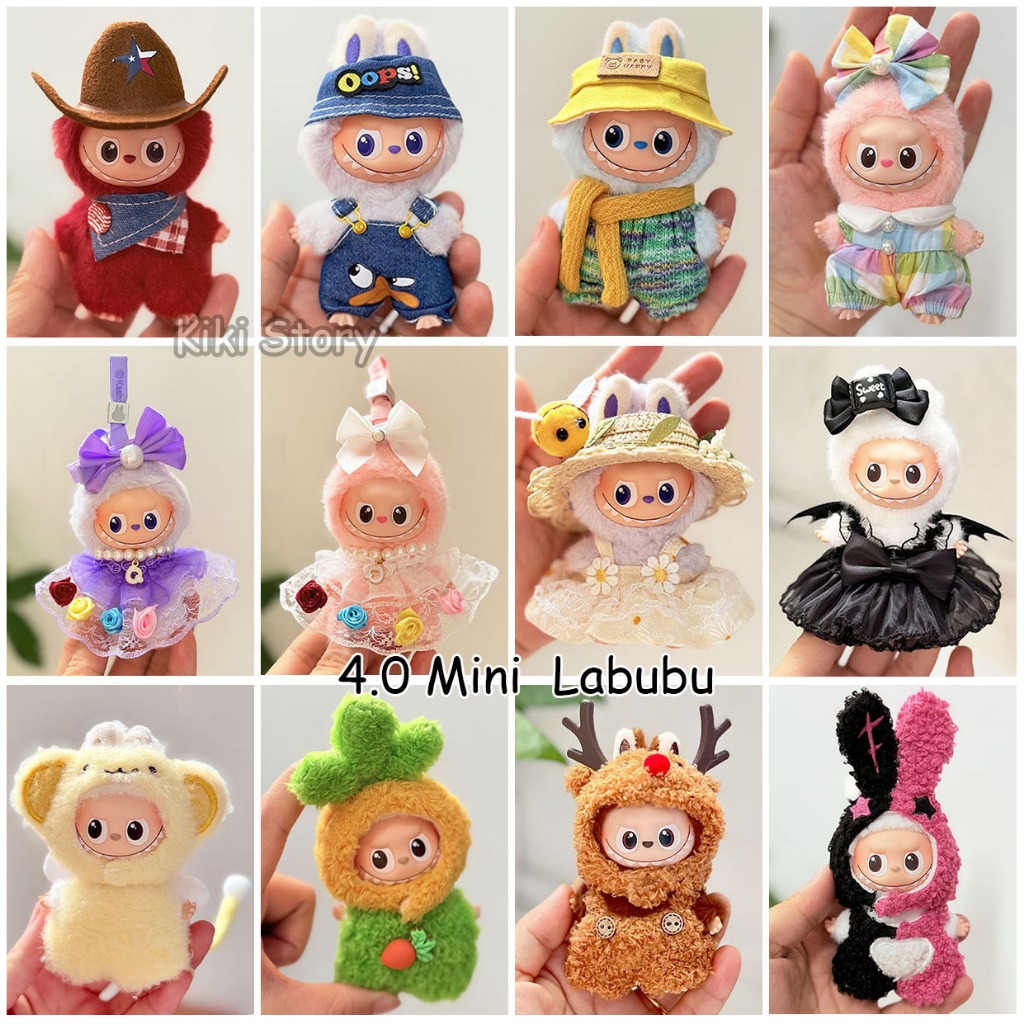 4.0 V4 Mini labubu 10 ซม.มินิตุ๊กตาเสื้อผ้าชุดเจ้าหญิง Overalls เสื้อกันฝน Snowman Reindeer Jumpsuit หัวใจรหัสตุ๊กตาตุ๊กตาอุปกรณ์เสริม