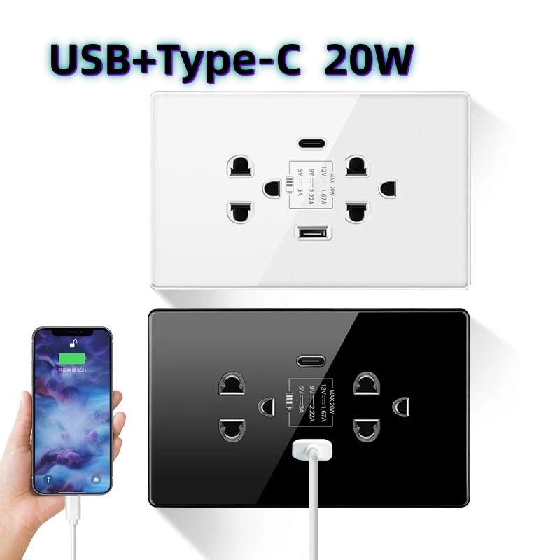 ซ็อกเก็ตปลั๊กคู่ 3 หลุม มีหลายสีให้เลือก อินเทอร์เฟซ USB และ type-c 20W