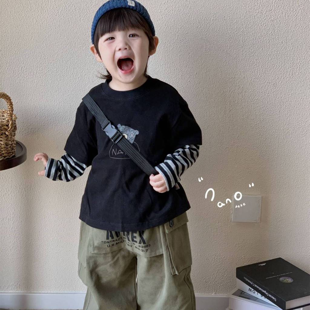 เสื้อยืดเด็กผู้ชาย สไตล์การ์ตูนแขนยาว ลายเสื้อน่ารักสำหรับฤดูใบไม้ผลิและฤดูใบไม้ร่วง